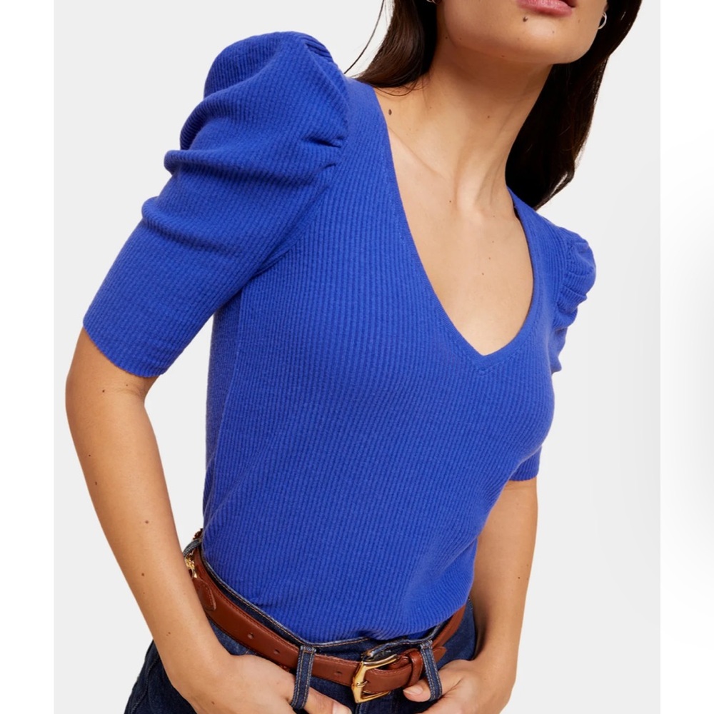 Nation LTD Royal Blue Ribbed V-Neck Puff Sleeve Top